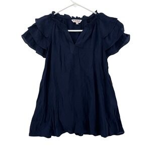 Nanette Lepore Top Womens Small Navy Blue Ruffle Sleeve V Neck NWT Rayon